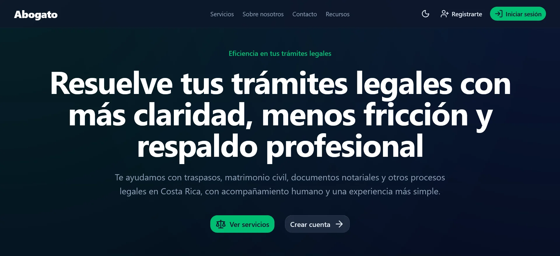 Service landing page. The public entry point presents the legal-service promise and directs people toward exploring services or creating an account.