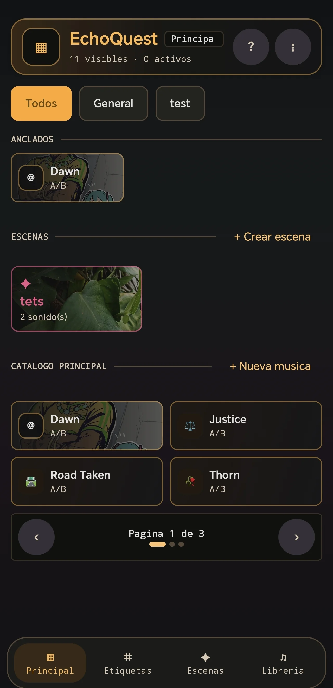 Soundboard home. Pinned sounds, scenes, and the main catalog stay within reach for quick use during a tabletop session.