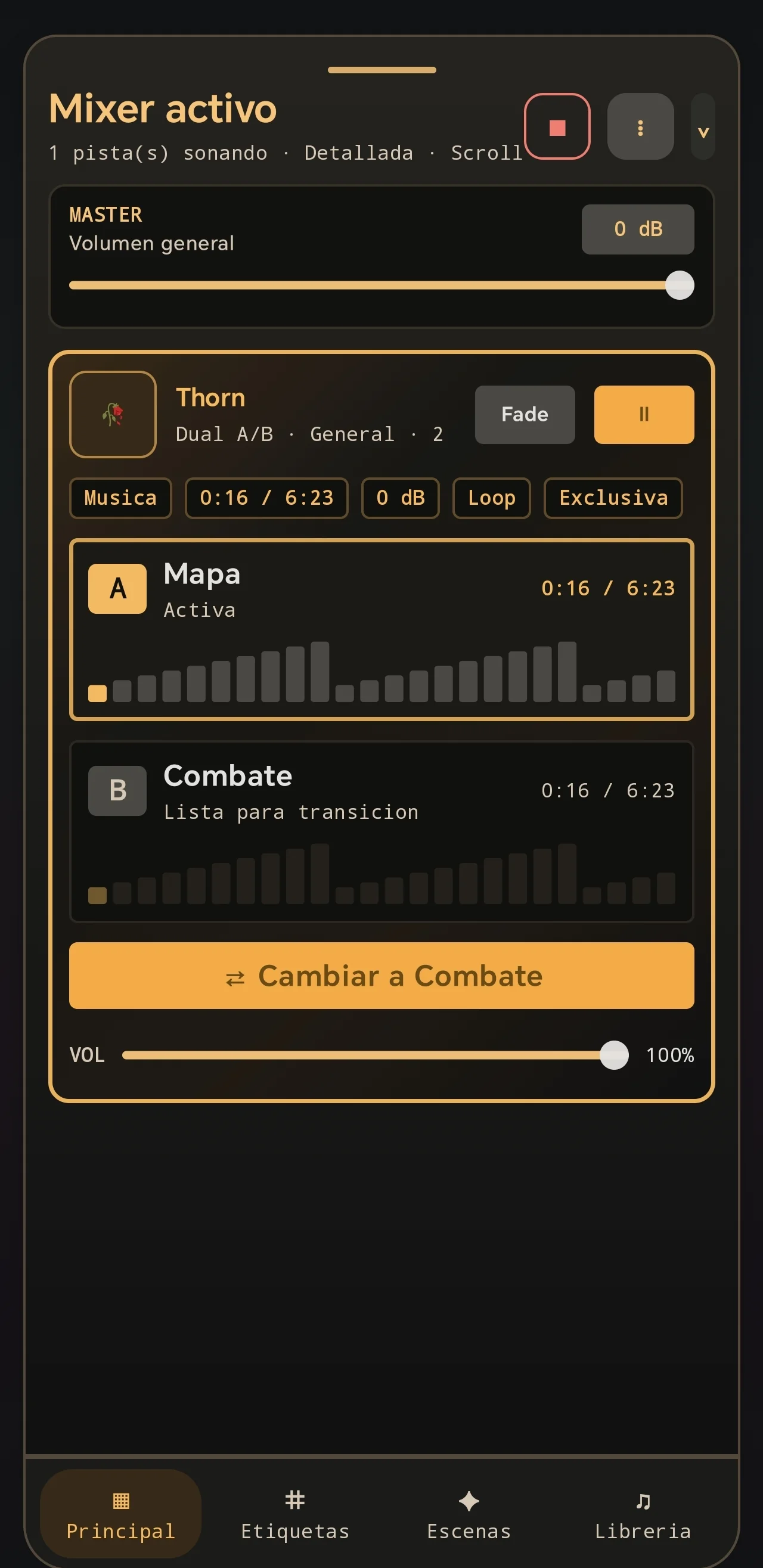 Active A/B mixer. The detailed mixer exposes master volume, track progress, fade, looping, and a prepared A/B transition.