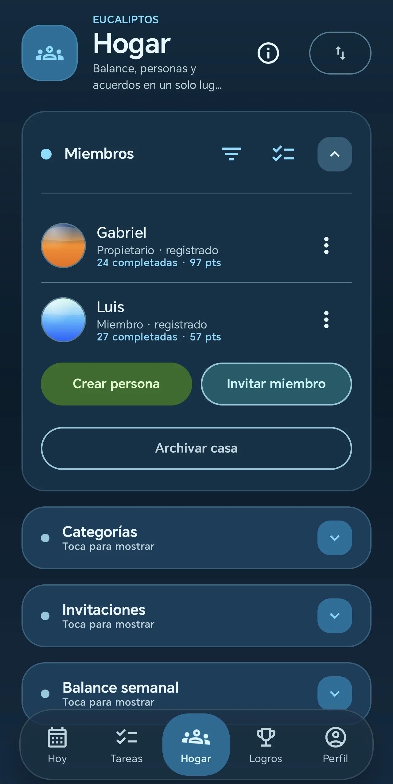 Household members. The household area makes membership, contribution points, invitations, categories, and weekly balance visible together.
