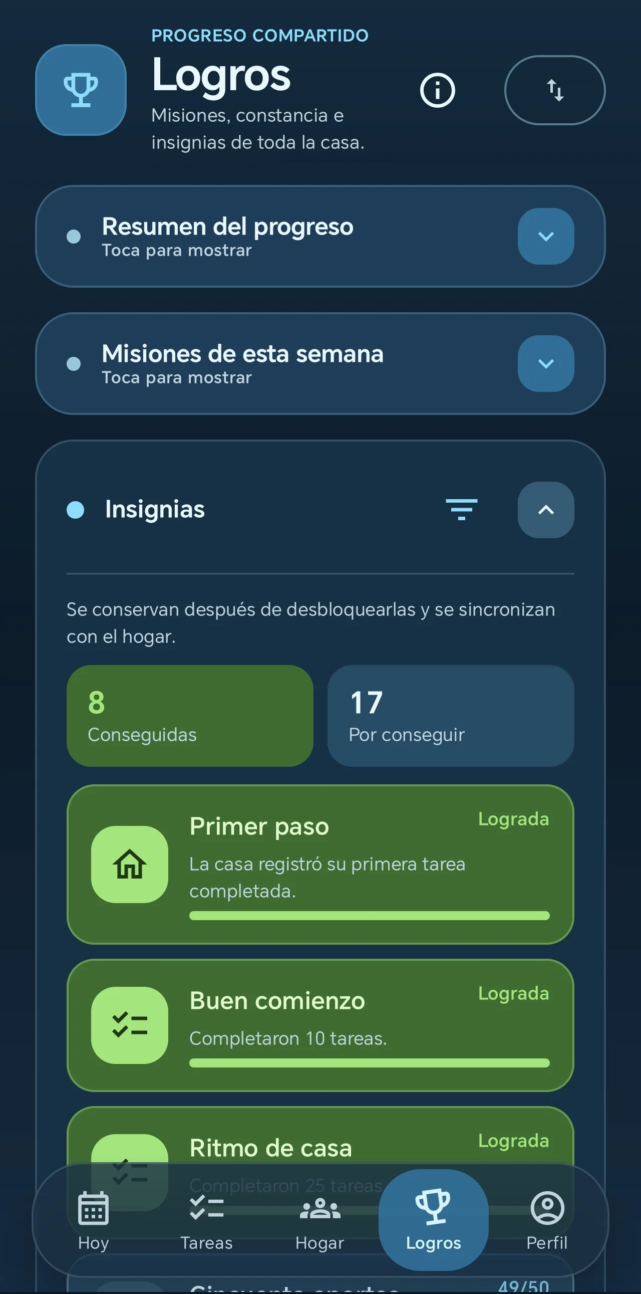 Achievements and progress. Weekly missions and badges turn shared consistency into visible progress without hiding the household purpose.
